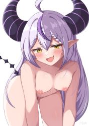 Rule 34 | 1girl, :d, absurdres, ahoge, blush, commentary request, fang, grey hair, hashira 14, highres, hololive, horns, huge horns, la+ darknesss, long hair, looking at viewer, multicolored hair, nipples, nude, open mouth, pointy ears, purple hair, simple background, skin fang, smile, solo, streaked hair, striped horns, virtual youtuber, white background, yellow eyes