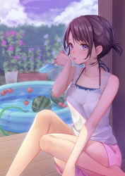 Rule 34 | 1girl, bare arms, bare legs, bare shoulders, blue one-piece swimsuit, blush, breasts, brown hair, cloud, cloudy sky, flower, food, fruit, hair between eyes, hair ornament, hairclip, holding, holding food, ice cream, looking to the side, medium breasts, ne-on, one-piece swimsuit, original, parted bangs, plant, pool, potted plant, purple eyes, shirt, short hair, short shorts, shorts, sitting, sky, solo, sunlight, sweat, sweatdrop, swimsuit, swimsuit under clothes, tomato, tongue, tongue out, water, watermelon, white shirt, x hair ornament