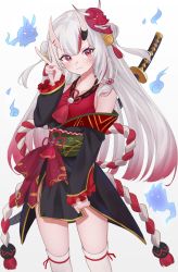 Rule 34 | 1girl, absurdres, bare shoulders, bell, black kimono, blush, closed mouth, collarbone, commentary request, double bun, fang, fang out, gold trim, gradient background, grey background, hair bell, hair between eyes, hair bun, hair ornament, hand up, higashigure, highres, hololive, horns, japanese clothes, jingle bell, katana, kimono, kouhaku nawa, long hair, mask, mask on head, multicolored hair, nail polish, nakiri ayame, nakiri ayame (1st costume), obi, off shoulder, oni, oni mask, pink nails, red eyes, red hair, ribbon trim, rope, sash, shimenawa, silver hair, skin-covered horns, sleeves past wrists, smile, solo, standing, streaked hair, sword, thighhighs, two side up, v, very long hair, virtual youtuber, weapon, white thighhighs