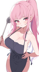 Rule 34 | 1girl, absurdres, apron, black apron, blush, breasts, cleavage, closed mouth, collarbone, commentary, fingernails, frown, groin, hand on own hip, high ponytail, highres, hiroikara (smhong04), holding, holding ladle, hololive, hololive english, huge breasts, ladle, long hair, looking at viewer, mori calliope, naked apron, pink eyes, pink hair, sideboob, simple background, solo, standing, thighs, virtual youtuber, white background