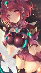 Rule 34 | 1girl, armor, blush, breasts, covered navel, earrings, fingerless gloves, gloves, headpiece, hip focus, inoue takuya (tactactak), jewelry, large breasts, looking at viewer, nintendo, pyra (xenoblade), red eyes, red hair, red shorts, short hair, short shorts, shorts, shoulder armor, solo, swept bangs, tiara, xenoblade chronicles (series), xenoblade chronicles 2