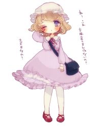 Rule 34 | 1girl, aged down, bag, blonde hair, blush, bow, dress, frills, full body, hat, maribel hearn, mary janes, one eye closed, pantyhose, purple eyes, shoes, short hair, simple background, solo, touhou, white pantyhose, yujup