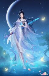 Rule 34 | 1girl, artist request, black hair, blue dress, blue fire, blue footwear, bug, butterfly, dress, facial mark, fire, forehead mark, full body, glowing butterfly, hair bun, hair ornament, highres, holding, holding sword, holding weapon, insect, long hair, looking at viewer, lu xueqi (zhu xian), moon, pantyhose, rock, solo, sword, third-party source, tree, water, weapon, white pantyhose, zhu xian