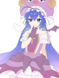 Rule 34 | 1girl, ahoge, alternate costume, angel wings, animal hat, arm behind back, bare shoulders, blue eyes, blue hair, bow, center frills, collarbone, cross, demon wings, dress, dress bow, frilled dress, frilled hat, frilled sleeves, frills, gloves, gradient hair, hair between eyes, hat, highres, index finger raised, large hat, long hair, looking at viewer, low-braided long hair, low-tied long hair, low twintails, mismatched wings, multicolored hair, off-shoulder dress, off shoulder, otomachi una, parted lips, purple bow, purple dress, purple gloves, purple hair, purple hat, purple ribbon, purple wings, ribbon, short sleeves, suiso sn3, twintails, very long hair, vocaloid, white background, white wings, wings