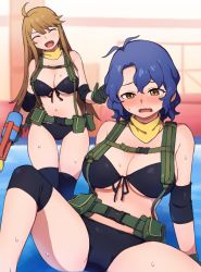 Rule 34 | 2girls, ahoge, antenna hair, arm support, bandana, belt pouch, bikini, black bikini, blue hair, blush, breasts, brown eyes, brown hair, cleavage, closed eyes, commentary request, elbow pads, front-tie bikini top, front-tie top, gloves, green gloves, harness, holding, holding water gun, idolmaster, idolmaster million live!, idolmaster million live! theater days, knee pads, knee up, korean commentary, kwaejina, large breasts, mixed-language commentary, multiple girls, navel, over-kneehighs, pouch, sitting, smile, spread legs, standing, sweat, swimsuit, thighhighs, tokoro megumi, toyokawa fuka, water gun, wavy hair, yellow bandana