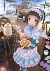 Rule 34 | 1girl, apron, arch, basket, black eyes, black hair, blue bow, blue bowtie, blue dress, blunt bangs, blush, bow, bowtie, bridge, brown hair, building, butter, cafe, chair, cherry, city, cityscape, clock, clock tower, cloud, clover, clover hair ornament, coffee pot, cup, day, dress, drinking glass, fantasy, feathered wings, floating island, food, fork, four-leaf clover, frilled dress, frills, from above, fruit, glass, hair bow, hair ornament, hairclip, highres, holding, ice cream, ice cream float, knife, lolita fashion, looking at viewer, maid, maid apron, maid headdress, menu board, moe2015, mountain, open mouth, original, pancake, pantyhose, plate, scenery, short hair, short sleeves, sidelocks, skirt, sky, smile, solo, spire, standing, striped clothes, striped legwear, striped pantyhose, syrup, table, taka (tsmix), tower, train, tray, twintails, waitress, white wings, wings, wooden floor, wrist cuffs
