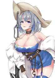 Rule 34 | 1girl, alchemy stars, azure (alchemy stars), belt, blue dress, blue eyes, blue hair, blue thighhighs, breasts, brown choker, brown gloves, brown hat, choker, cleavage, coat, cowboy hat, dress, facial tattoo, feet out of frame, fur-trimmed coat, fur trim, garter belt, gloves, gun, hair between eyes, hat, highres, large breasts, leaning forward, leaning on weapon, looking at viewer, multicolored hair, namomihagi010, open mouth, rifle, side slit, simple background, sniper rifle, solo, strapless, strapless dress, streaked hair, tattoo, thick thighs, thighhighs, thighs, weapon, white background, white coat