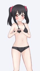 Rule 34 | 1girl, absurdres, artist name, artist request, bare legs, bare shoulders, black bra, black hair, black panties, blush, bow, bra, breasts, cleavage, collarbone, female focus, flat chest, hair between eyes, hair bow, heart, heart hands, highres, long hair, looking at viewer, love live!, love live! school idol project, panties, parted lips, red bow, red eyes, short hair, short twintails, small breasts, smile, solo, twintails, underwear, worried, yazawa nico