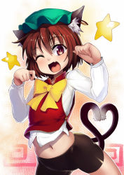 Rule 34 | 1girl, adapted costume, animal ears, bike shorts, bow, brown eyes, brown hair, cat ears, chen, ear piercing, earrings, fang, hat, heart, heart tail, jewelry, long sleeves, looking at viewer, mob cap, multiple tails, navel, one eye closed, open mouth, paw pose, piercing, shirt, single earring, smile, solo, star (symbol), tail, taketora suzume, touhou, two tails, vest