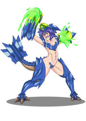 Rule 34 | 1girl, abs, brachydios, breasts, buti-yu, full body, highres, monster girl, monster hunter (series), open mouth, personification, purple hair, red eyes, short hair, solo, tail