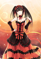 Rule 34 | 10s, 1girl, absurdres, artist name, bare shoulders, black hair, blush, bow, breasts, choker, cleavage, clock, clock eyes, collarbone, date a live, detached sleeves, dress, female focus, grin, hairband, hand on own hip, heterochromia, highres, lolita fashion, lolita hairband, long dress, long hair, looking at viewer, magic circle, mmrailgun, red bow, red eyes, short sleeves, sleeveless, sleeveless dress, smile, solo, standing, symbol-shaped pupils, text focus, tokisaki kurumi, twintails, uneven twintails, yellow eyes