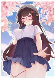 Rule 34 | 1girl, absurdres, black skirt, blue ribbon, blue sky, border, breasts, brown hair, cherry blossoms, closed mouth, collared shirt, covered erect nipples, cowboy shot, day, glasses, hair ornament, hairclip, hand on own cheek, hand on own face, high-waist skirt, highres, honkai: star rail, honkai (series), legs together, long hair, looking at viewer, medium breasts, mengxin huazha, neck ribbon, outdoors, pink eyes, red-framed eyewear, ribbon, school uniform, shirt, shirt tucked in, skirt, sky, smile, solo, sparkle (honkai: star rail), straight hair, tented shirt, thick thighs, thighs, white border, white shirt