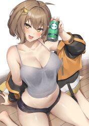 Rule 34 | 1girl, ahoge, anis (nikke), barefoot, blush, breasts, brown eyes, brown hair, can, cleavage, collarbone, drink can, goddess of victory: nikke, hair ornament, highres, jacket, large breasts, looking at viewer, navel, open mouth, pinta (ayashii bochi), short hair, sitting, smile, soda can, solo, wariza