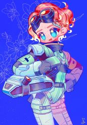 Rule 34 | 1girl, animification, apex legends, black gloves, blue eyes, cable, clenched hand, edorai, freckles, gloves, goggles, goggles on head, hair behind ear, hand on own hip, head tilt, highres, horizon (apex legends), looking down, open mouth, orange hair, pen, smile, solo, spacesuit