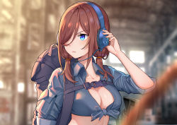 Rule 34 | 1girl, arm up, backpack, bag, black shirt, blue eyes, blurry, blurry background, breasts, brown hair, cleavage, closed mouth, collarbone, collared shirt, crop top, depth of field, front-tie top, go-toubun no hanayome, hair over one eye, hand up, headphones, highres, kongbai, large breasts, long hair, looking away, nakano miku, shirt, short sleeves, solo, stomach, strap, upper body