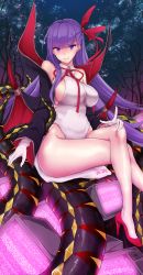 Rule 34 | 1girl, bare shoulders, bb (fate), bb (fate) (all), bb (swimsuit mooncancer) (fate), bb (swimsuit mooncancer) (third ascension) (fate), black coat, blush, breasts, coat, covered navel, crt, fate/grand order, fate (series), gloves, grin, hair ribbon, high heels, highleg, highleg leotard, highres, large breasts, legs, leotard, long hair, long sleeves, looking at viewer, neck ribbon, night, night sky, off shoulder, open clothes, open coat, oumi (rsag), popped collar, purple eyes, purple hair, red footwear, red ribbon, ribbon, sitting, sky, smile, solo, static, television, vampire costume, very long hair, white gloves, white leotard