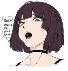 Rule 34 | 1girl, black choker, blunt bangs, brown hair, choker, collarbone, commentary, english commentary, english text, green eyes, head only, j.k., june kim, looking down, original, portrait, short hair, solo, speech bubble, white background