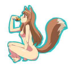 Rule 34 | 00s, 1girl, animal ears, barefoot, between thighs, breasts, brown hair, eating, feet, food, full body, haneta, highres, holo, indian style, long hair, medium breasts, nipples, nude, oekaki, red eyes, simple background, sitting, soles, solo, spice and wolf, tail, thighs, toe scrunch, toes, tongue, wolf ears, wolf tail