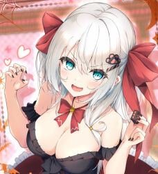 Rule 34 | 1girl, aqua eyes, asobineko (neko irastonyan), bare shoulders, black dress, black nails, bow, bowtie, breasts, claw pose, cleavage, commentary request, dress, eyes visible through hair, fangs, fingernails, frilled dress, frills, from above, grey hair, hair between eyes, hair bow, hair ornament, hairclip, halloween, hands up, heart, large breasts, light blush, long fingernails, long hair, looking at viewer, nail polish, off shoulder, open mouth, original, paw hair ornament, red bow, red bowtie, sharp fingernails, solo, upper body, wavy mouth