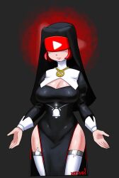 Rule 34 | 1girl, absurdres, breasts, cleavage, covered eyes, facing viewer, grey background, highres, jewelry, large breasts, minuspal, necklace, nun, original, red hair, short hair, simple background, solo, thighhighs, veil, white thighhighs, youtube, youtube logo