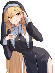 Rule 34 | 1girl, absurdres, black dress, blonde hair, breasts, cowboy shot, cross, cross necklace, dress, habit, hand on own chest, hand up, highres, jewelry, jingburger, large breasts, leaning forward, long hair, long sleeves, looking at viewer, necklace, nun, pelvic curtain, red eyes, simple background, smile, solo, veil, very long hair, virtual youtuber, waktaverse, white background, ziro (zirorong)