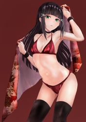 Rule 34 | 1girl, alumina (kennmeidesu), arm up, armband, bad id, bad pixiv id, bikini, black hair, black thighhighs, blunt bangs, breasts, closed mouth, floral print, green eyes, hair ornament, hairclip, highres, kurosawa dia, long hair, looking at viewer, love live!, love live! school idol festival, love live! sunshine!!, medium breasts, mole, mole under mouth, multi-strapped bikini, open clothes, open robe, red background, red bikini, robe, sidelocks, solo, standing, swimsuit, thighhighs, very long hair