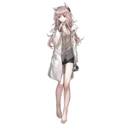 Rule 34 | 1girl, animal ears, bags under eyes, barefoot, black skirt, bow, breasts, cat ears, cleavage, cup, feet, full body, girls&#039; frontline, green shirt, hair between eyes, hair bow, hand on own chin, head tilt, holding, holding cup, infukun, lab coat, long hair, long sleeves, looking at viewer, medium breasts, messy hair, non-web source, off shoulder, official art, open mouth, persica (girls&#039; frontline), pink hair, red eyes, scientist, shirt, simple background, skirt, solo, standing, stroking own chin, toenails, toes, transparent background, unbuttoned, unbuttoned shirt