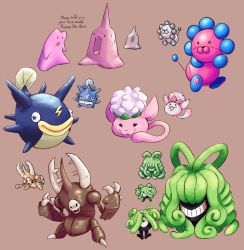 Rule 34 | :d, animon, animon (evolved ditto), brown background, claws, closed eyes, creature, creatures (company), cubicflan, ditto, english text, eye contact, fangs, fish, game freak, gen 1 pokemon, grin, happy, highres, horns, jaranra, looking at another, looking at viewer, monja, nintendo, no humans, one-eyed, open mouth, plucks (pokemon), pokemon, pokemon (creature), pokemon gsc, pokemon gsc (prototype), porygon2 (beta), prototype design, shibirefugu, simple background, single horn, smile, sprites, wataneko