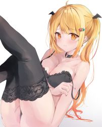 Rule 34 | absurdres, ass, bare shoulders, black bra, black thighhighs, blonde hair, bra, breasts, choker, cleavage, closed mouth, collarbone, earrings, gradient hair, head wings, heart, heart choker, highres, hololive, jewelry, lace, lace-trimmed bra, lace trim, large breasts, legs up, long hair, looking at viewer, mihasu, multicolored hair, nail polish, orange eyes, red nails, sidelocks, simple background, sitting, sketch, strap slip, thighhighs, thong, underwear, virtual youtuber, wings, yozora mel