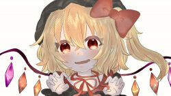 Rule 34 | 1girl, blonde hair, bow, bowtie, crystal, fang, flandre scarlet, hair ribbon, highres, kaze channnn, looking at viewer, open mouth, paw pose, red bow, red bowtie, red eyes, red ribbon, ribbon, simple background, solo, touhou, upper body
