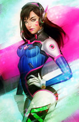 Rule 34 | 1girl, animal print, ass, blue bodysuit, bodysuit, breasts, brown eyes, brown hair, crystal graziano, d.va (overwatch), facepaint, facial mark, from side, gloves, hands on own hips, headset, lips, long hair, looking at viewer, medium breasts, nose, overwatch, overwatch 1, pink lips, rabbit print, ribbed bodysuit, solo, standing, turtleneck, whisker markings, white gloves