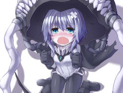 Rule 34 | 10s, 1girl, abyssal ship, aqua eyes, bandaid, black gloves, black legwear, blush, bodysuit, boots, cape, commentary request, crying, crying with eyes open, fangs, gloves, hat, kantai collection, monster girl, open mouth, oukawa yuu, silver hair, sitting, solo, tears, tentacles, torn cape, torn clothes, wariza, wavy mouth, wo-class aircraft carrier