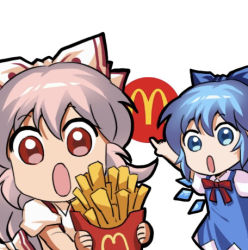 Rule 34 | 2girls, blue bow, blue dress, blue eyes, blue hair, bow, cirno, collared shirt, detached wings, dress, fairy, food, french fries, fujiwara no mokou, hair between eyes, hair bow, holding, ice, ice wings, jokanhiyou, long hair, lowres, mcdonald&#039;s, meme, multiple girls, open mouth, puffy short sleeves, puffy sleeves, red eyes, shirt, short hair, short sleeves, simple background, touhou, two soyjaks pointing (meme), white background, white bow, white hair, white shirt, wings
