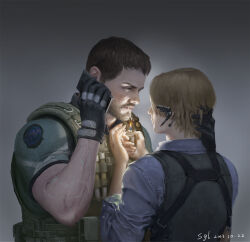 Rule 34 | 2boys, artist name, bara, black gloves, black hair, blue shirt, brown hair, bulletproof vest, chris redfield, cigarette, dated, facial hair, gloves, green shirt, highres, holding, holding lighter, holding phone, leon s. kennedy, lighter, looking at another, male focus, multiple boys, muscular, muscular male, phone, resident evil, resident evil 6, sgl08, shirt, short hair, yaoi