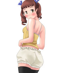 Rule 34 | 00s, 1girl, ass, bare shoulders, blunt bangs, blush, breasts, brown eyes, brown hair, camisole, cowboy shot, from behind, looking at viewer, looking back, maria-sama ga miteru, matsudaira touko, small breasts, solo, standing, thighhighs, toshifumi, zettai ryouiki