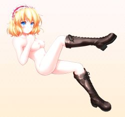 Rule 34 | 1girl, aka tawashi, alice margatroid, bare legs, blonde hair, blue eyes, boots, breasts, brown footwear, combat boots, cross-laced footwear, highres, lace-up boots, leg lift, looking at viewer, nipples, nude, sad, short hair, simple background, tears, touhou