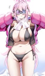 Rule 34 | 1girl, absurdres, bikini, black bikini, blue archive, blush, breasts, cleavage, closed mouth, eimi (blue archive), eimi (swimsuit) (blue archive), goggles, groin, halo, highres, jacket, large breasts, long hair, long sleeves, midriff, navel, official alternate costume, pink hair, pink jacket, ponytail, sidelocks, ski goggles, solo, sstthei, swimsuit, upper body, very long hair, white background