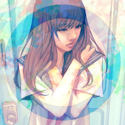 Rule 34 | 1girl, abstract, blouse, blue sailor collar, brown hair, closed mouth, commentary, door, long hair, looking afar, looking away, neckerchief, nose, original, red neckerchief, sailor collar, self hug, shirt, short sleeves, solo, standing, wataboku, white shirt