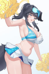 Rule 34 | 1girl, absurdres, alternate breast size, animal ears, bare shoulders, black hair, blue archive, blue eyes, blush, breasts, cheerleader, cleavage, crop top, curvy, dog ears, dog girl, dog tail, eyewear on head, goggles, goggles on head, halo, hibiki (blue archive), hibiki (cheer squad) (blue archive), highres, holding, holding pom poms, large breasts, long hair, looking at viewer, millennium cheerleader outfit (blue archive), navel, official alternate costume, panties, pom pom (cheerleading), pom poms, skindentation, skirt, solo, star sticker, sticker on face, tail, underwear, white panties, white skirt, yinori