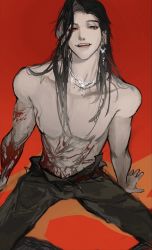 Rule 34 | 1boy, black eyes, black hair, blood, earrings, eyepatch, heterochromia, highres, hua cheng, jewelry, jing782767, long hair, looking at viewer, male focus, necklace, parted bangs, red eyes, sitting, solo, tianguan cifu, topless male