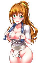 Rule 34 | 1girl, :d, blush, breasts, brown hair, cleavage, collarbone, cowboy shot, fundoshi, green eyes, groin, hair between eyes, hair ornament, hair scrunchie, high ponytail, highres, hino akane (idolmaster), holding, idolmaster, idolmaster cinderella girls, japanese clothes, looking at viewer, medium breasts, open mouth, scrunchie, simple background, smile, solo, standing, tango (tn500), white background