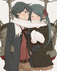 Rule 34 | 10s, 2girls, ^ ^, black eyes, black hair, blush, closed eyes, coat, commentary request, cowboy shot, closed eyes, hair ribbon, hands in pockets, jacket, kantai collection, long hair, machinery, mikuma (kancolle), mittens, mogami (kancolle), multiple girls, ree (re-19), ribbon, scarf, school uniform, shared clothes, shared scarf, short hair, shorts, skirt, smile, standing, twintails, white scarf, winter clothes, winter coat, yuri