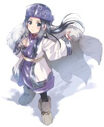 Rule 34 | 1girl, ainu, ainu clothes, asirpa, bandana, black hair, blue bandana, blue eyes, boots, cape, closed mouth, earrings, full body, fur cape, golden kamuy, highres, hoop earrings, jewelry, kuroi mimei, long hair, looking at viewer, simple background, smile, solo, white background, white cape