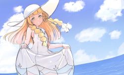 Rule 34 | 1girl, blonde hair, blue ribbon, blunt bangs, blush, braid, clothes lift, cloud, collared dress, commentary request, creatures (company), day, dress, dress lift, game freak, green eyes, hat, hat ribbon, lifted by self, lillie (pokemon), long hair, looking at viewer, nintendo, outdoors, panties, pokemon, pokemon sm, ribbon, see-through, sky, sleeveless, sleeveless dress, smile, solo, standing, sun hat, sundress, tostos, twin braids, underwear, water, white dress, white hat
