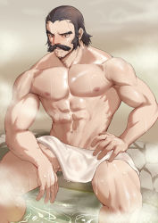 Rule 34 | 1boy, abs, absurdres, arm on thigh, bara, bare pectorals, bathing, beard, biceps, blush, brown hair, bulge, cowboy shot, creatures (company), dripping, erection, erection under clothes, facial hair, game freak, hand on own thigh, hand on thigh, highres, houhou1998117, kamado (pokemon), looking down, male focus, mature male, muscular, muscular male, mustache, navel, nintendo, obliques, open mouth, partially submerged, pectorals, pokemon, pokemon legends: arceus, saliva, short hair, sideburns, solo, spread legs, steam, thick eyebrows, thick thighs, thighs, towel on legs, wet, wet hair