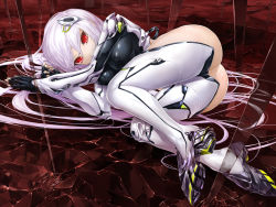 Rule 34 | 1girl, albino, ass, bad id, bad pixiv id, black gloves, bodysuit, boots, breasts, broken glass, covered erect nipples, fingerless gloves, full body, glass, glass floor, gloves, hair ornament, long hair, looking at viewer, lying, md5 mismatch, mecha musume, medium breasts, no panties, on side, original, pink hair, red background, red eyes, science fiction, solo, solru, thigh boots, thighhighs, very long hair, white footwear, white hair, white thighhighs
