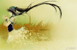 Rule 34 | 1girl, black hair, chinese clothes, disintegration, duanmu rong (qin shi ming yue), flower, from side, grass, hairband, leaf, looking down, ponytail, qinshi mingyue, smile, solo, sushi feng, upper body