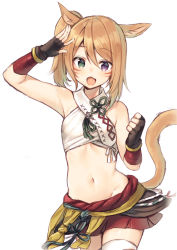 Rule 34 | 1girl, animal ears, arm up, black gloves, cat ears, cat girl, cat tail, commentary request, fang, final fantasy, final fantasy xiv, fingerless gloves, gloves, green eyes, hair between eyes, heterochromia, light brown hair, looking at viewer, midorikawa you, miqo&#039;te, navel, open mouth, pleated skirt, purple eyes, red skirt, side ponytail, simple background, skirt, solo, tail, tail raised, thighhighs, white background, white thighhighs