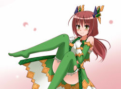 Rule 34 | 1girl, bare shoulders, blush, brown hair, cape, cardfight!! vanguard, cosplay, dimension police, elbow gloves, gloves, green thighhighs, hair ornament, long hair, looking at viewer, magical police quilt, no shoes, ponytail, sazaki hiyoru, sitting, smile, solo, thighhighs, usui yuri, vanguard ride, yellow eyes