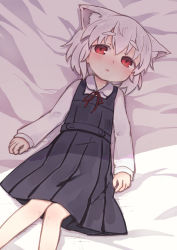 Rule 34 | 1girl, absurdres, bed sheet, black dress, blush, collared shirt, dress, feet out of frame, hair between eyes, heavy breathing, highres, inubashiri momiji, kibisake, knees together feet apart, long sleeves, looking at viewer, lying, neck ribbon, on back, parted lips, pinafore dress, pleated dress, red eyes, red ribbon, ribbon, school uniform, shirt, silver hair, sleeveless, sleeveless dress, sleeves past wrists, solo, thick eyebrows, touhou, white shirt